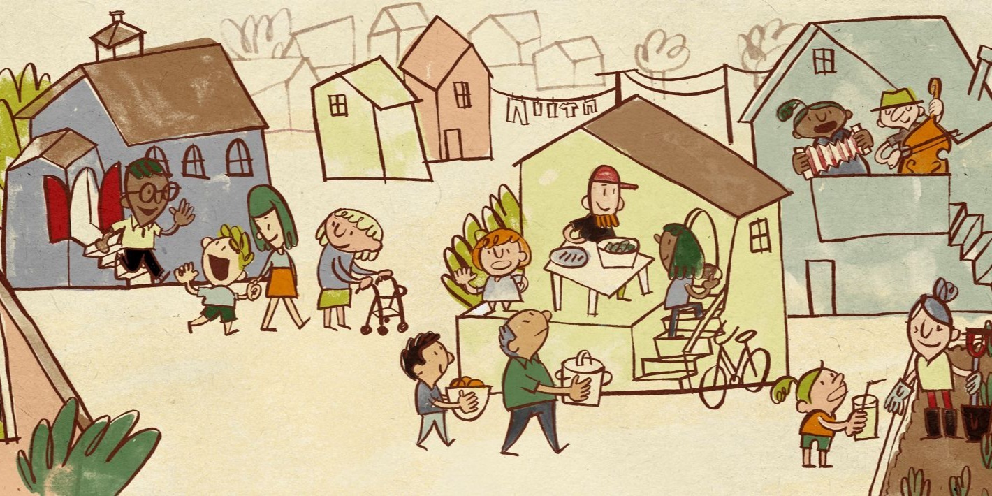 artistic illustration of neighbours greeting each other