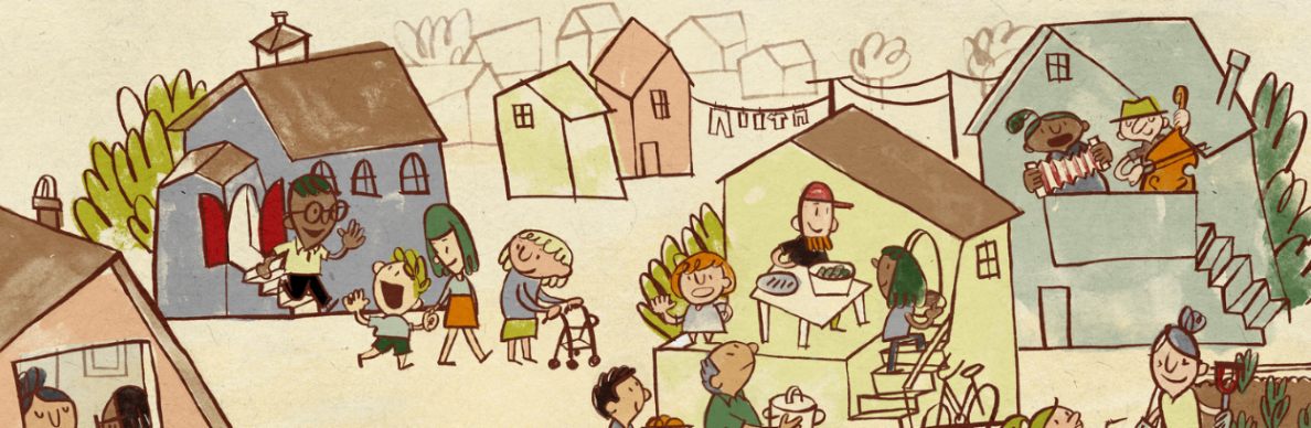 illustration with a blue church and lots of neigbhours around